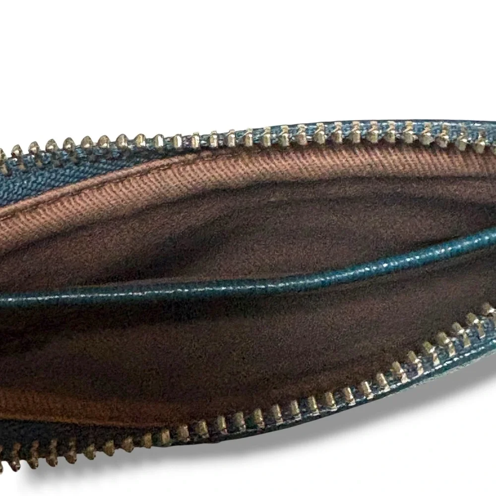 Lauren Ralph Lauren Teal Blue Textured Leather Zip Coin Pouch Logo Plaque Small